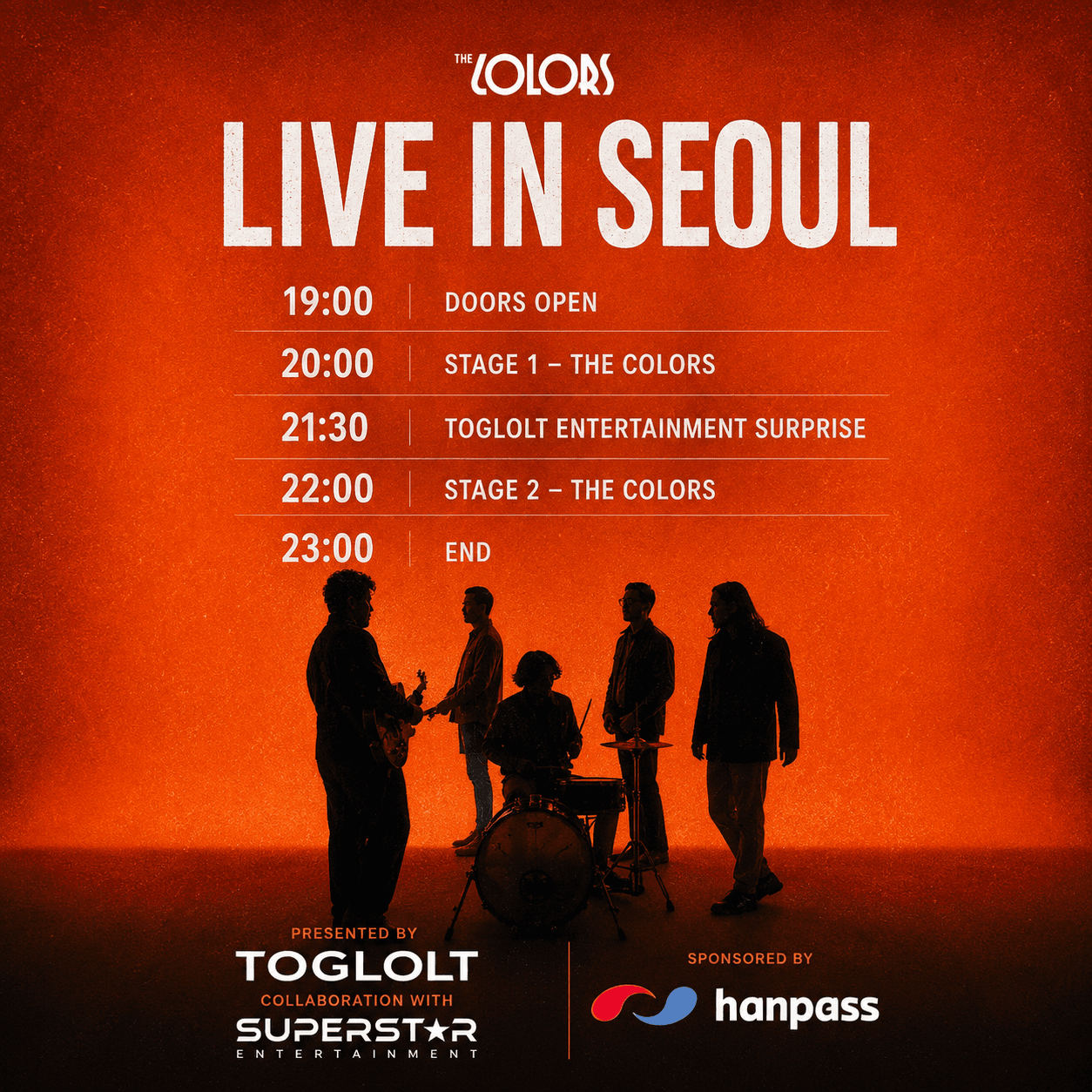 Official orange THE COLORS LIVE IN SEOUL schedule artwork with the event timetable